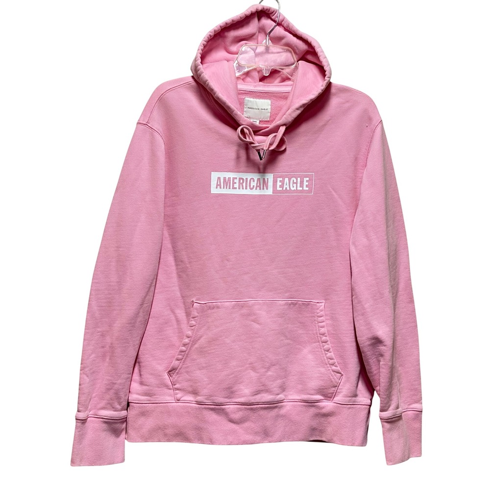 American Eagle Pink Pullover Hoodie Box Logo Kangaroo Pocket Sweatshirt Medium